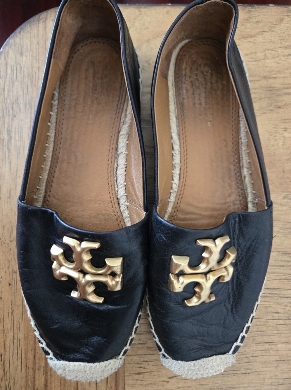 Tory Burch Black Leather Espadrille Flats with Gold Logo